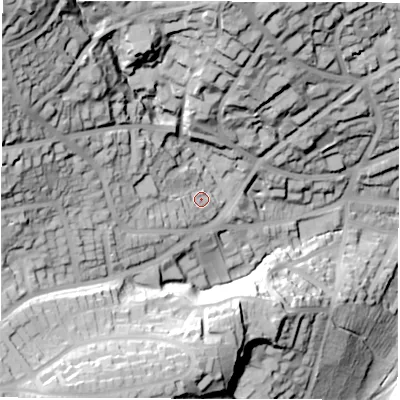 Shaded relief map of the ground around S103GH, computed from Environment Agency LiDAR. The ground here sits at about 168 m above sea level and falls 92 m across the surrounding 800 m. Surface water reaching this point runs off ground lying to the west, 19.0 m higher.