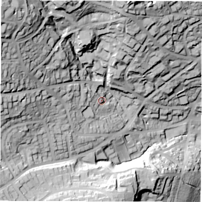 Shaded relief map of the ground around S103HL, computed from Environment Agency LiDAR. The ground here sits at about 174 m above sea level and falls 92 m across the surrounding 800 m. Surface water reaching this point runs off ground lying to the west-north-west, 19.7 m higher.