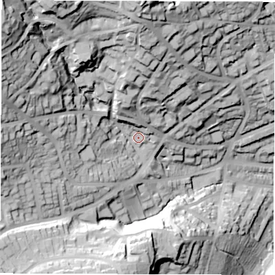 Shaded relief map of the ground around S103HN, computed from Environment Agency LiDAR. The ground here sits at about 164 m above sea level and falls 91 m across the surrounding 800 m. Surface water reaching this point runs off ground lying to the north-west, 62.5 m higher.