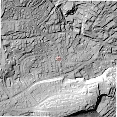 Shaded relief map of the ground around S103PA, computed from Environment Agency LiDAR. The ground here sits at about 184 m above sea level and falls 93 m across the surrounding 800 m. Surface water reaching this point runs off ground lying to the north-west, 58.6 m higher.