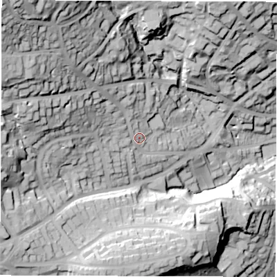 Shaded relief map of the ground around S103PB, computed from Environment Agency LiDAR. The ground here sits at about 181 m above sea level and falls 93 m across the surrounding 800 m. Surface water reaching this point runs off ground lying to the north-west, 57.6 m higher.