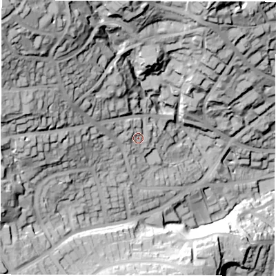 Shaded relief map of the ground around S103PP, computed from Environment Agency LiDAR. The ground here sits at about 182 m above sea level and falls 99 m across the surrounding 800 m. Surface water reaching this point runs off ground lying to the west-north-west, 12.4 m higher.