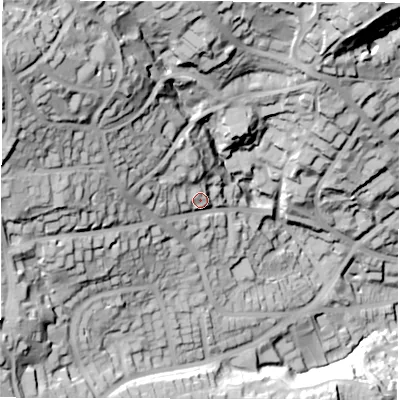 Shaded relief map of the ground around S103PQ, computed from Environment Agency LiDAR. The ground here sits at about 192 m above sea level and falls 101 m across the surrounding 800 m. Surface water reaching this point runs off ground lying to the west-north-west, 16.6 m higher.