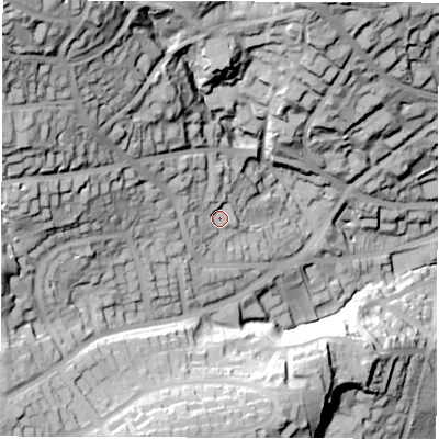 Shaded relief map of the ground around S103PX, computed from Environment Agency LiDAR. The ground here sits at about 177 m above sea level and falls 95 m across the surrounding 800 m. Surface water reaching this point runs off ground lying to the north-west, 17.3 m higher.