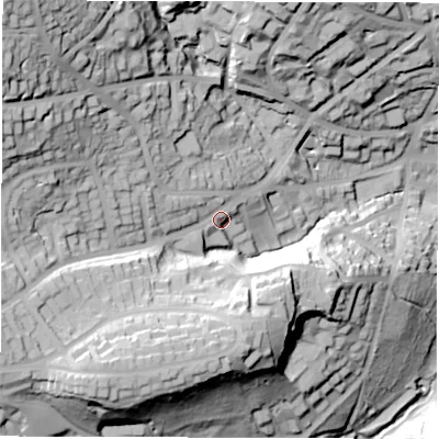 Shaded relief map of the ground around S103QA, computed from Environment Agency LiDAR. The ground here sits at about 171 m above sea level and falls 84 m across the surrounding 800 m. Surface water reaching this point runs off ground lying to the west-north-west, 45.1 m higher.