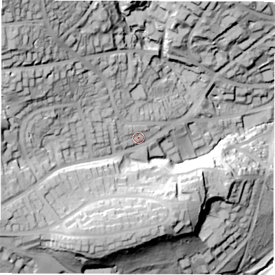 Shaded relief map of the ground around S103QD, computed from Environment Agency LiDAR. The ground here sits at about 176 m above sea level and falls 89 m across the surrounding 800 m. Surface water reaching this point runs off ground lying to the west-north-west, 10.2 m higher.