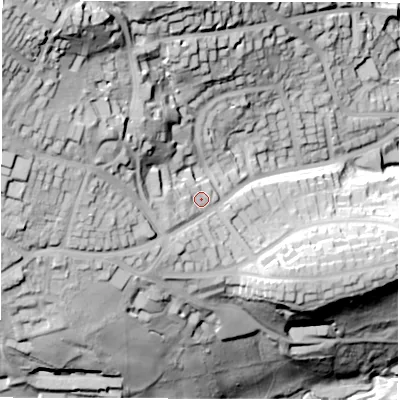 Shaded relief map of the ground around S103QE, computed from Environment Agency LiDAR. The ground here sits at about 200 m above sea level and falls 96 m across the surrounding 800 m. Surface water reaching this point runs off ground lying to the west-north-west, 21.0 m higher.