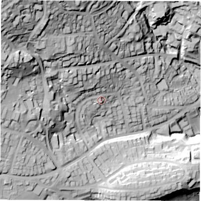 Shaded relief map of the ground around S103QP, computed from Environment Agency LiDAR. The ground here sits at about 196 m above sea level and falls 96 m across the surrounding 800 m. Surface water reaching this point runs off ground lying to the north-west, 21.1 m higher.