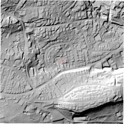 Shaded relief map of the ground around S103QZ, computed from Environment Agency LiDAR. The ground here sits at about 189 m above sea level and falls 91 m across the surrounding 800 m. Surface water reaching this point runs off ground lying to the west-north-west, 51.7 m higher.