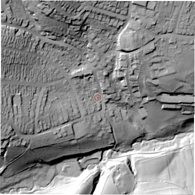 Shaded relief map of the ground around S103TE, computed from Environment Agency LiDAR. The ground here sits at about 189 m above sea level and falls 78 m across the surrounding 800 m. Surface water reaching this point runs off ground lying to the north-north-west, 55.0 m higher.