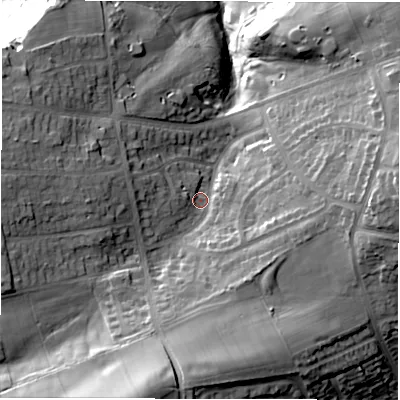 Shaded relief map of the ground around S104JP, computed from Environment Agency LiDAR. The ground here sits at about 270 m above sea level and falls 55 m across the surrounding 800 m. Surface water reaching this point runs off ground lying to the south-south-west, 30.2 m higher.