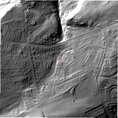 Shaded relief map of the ground around S104JQ, computed from Environment Agency LiDAR. The ground here sits at about 268 m above sea level and falls 49 m across the surrounding 800 m. Surface water reaching this point runs off ground lying to the south-south-west, 26.9 m higher.