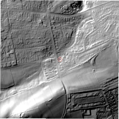 Shaded relief map of the ground around S104LQ, computed from Environment Agency LiDAR. The ground here sits at about 274 m above sea level and falls 55 m across the surrounding 800 m. Surface water reaching this point runs off ground lying to the south, 25.1 m higher.