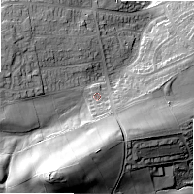 Shaded relief map of the ground around S104LZ, computed from Environment Agency LiDAR. The ground here sits at about 277 m above sea level and falls 52 m across the surrounding 800 m. Surface water reaching this point runs off ground lying to the south-south-east, 21.5 m higher.
