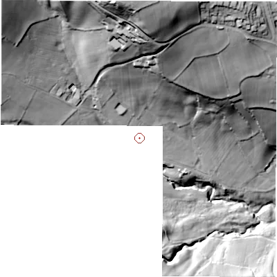 Shaded relief map of the ground around S104PR, computed from Environment Agency LiDAR. and falls 91 m across the surrounding 800 m. Surface water reaching this point runs off ground lying to the north-north-west, 18.5 m higher.