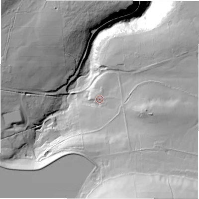 Shaded relief map of the ground around S104QX, computed from Environment Agency LiDAR. The ground here sits at about 308 m above sea level and falls 106 m across the surrounding 800 m. Surface water reaching this point runs off ground lying to the south-south-east, 48.9 m higher.
