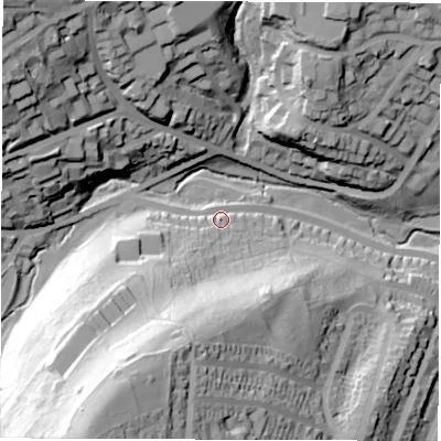 Shaded relief map of the ground around S117AD, computed from Environment Agency LiDAR. The ground here sits at about 130 m above sea level and falls 83 m across the surrounding 800 m. Surface water reaching this point runs off ground lying to the south-south-west, 52.9 m higher.