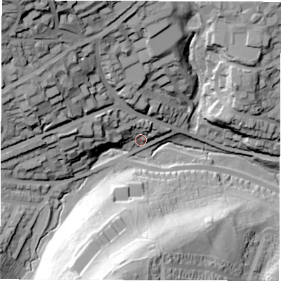 Shaded relief map of the ground around S117EA, computed from Environment Agency LiDAR. The ground here sits at about 129 m above sea level and falls 81 m across the surrounding 800 m. Surface water reaching this point runs off ground lying to the south, 64.6 m higher.