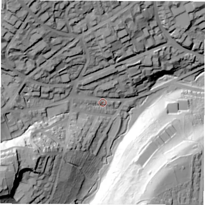 Shaded relief map of the ground around S117EB, computed from Environment Agency LiDAR. The ground here sits at about 140 m above sea level and falls 79 m across the surrounding 800 m. Surface water reaching this point runs off ground lying to the north-west, 61.0 m higher.