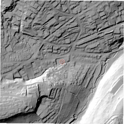 Shaded relief map of the ground around S117EG, computed from Environment Agency LiDAR. The ground here sits at about 148 m above sea level and falls 75 m across the surrounding 800 m. Surface water reaching this point runs off ground lying to the south-west, 53.5 m higher.