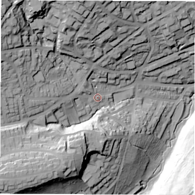 Shaded relief map of the ground around S117EH, computed from Environment Agency LiDAR. The ground here sits at about 156 m above sea level and falls 76 m across the surrounding 800 m. Surface water reaching this point runs off ground lying to the west-north-west, 41.5 m higher.