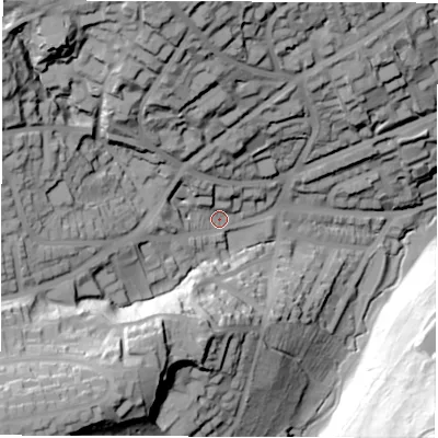 Shaded relief map of the ground around S117EJ, computed from Environment Agency LiDAR. The ground here sits at about 151 m above sea level and falls 74 m across the surrounding 800 m. Surface water reaching this point runs off ground lying to the north-west, 52.4 m higher.