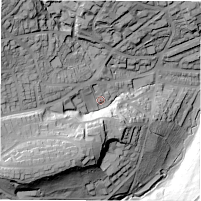 Shaded relief map of the ground around S117EL, computed from Environment Agency LiDAR. The ground here sits at about 160 m above sea level and falls 77 m across the surrounding 800 m. Surface water reaching this point runs off ground lying to the west-north-west, 25.0 m higher.