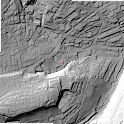 Shaded relief map of the ground around S117EN, computed from Environment Agency LiDAR. The ground here sits at about 159 m above sea level and falls 76 m across the surrounding 800 m. Surface water reaching this point runs off ground lying to the west-north-west, 16.2 m higher.