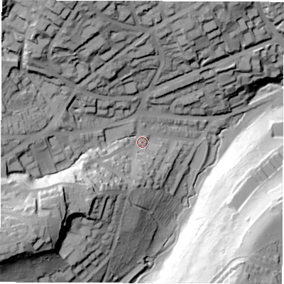 Shaded relief map of the ground around S117ER, computed from Environment Agency LiDAR. The ground here sits at about 146 m above sea level and falls 78 m across the surrounding 800 m. Surface water reaching this point runs off ground lying to the south-west, 52.9 m higher.