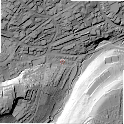 Shaded relief map of the ground around S117EW, computed from Environment Agency LiDAR. The ground here sits at about 140 m above sea level and falls 80 m across the surrounding 800 m. Surface water reaching this point runs off ground lying to the north-west, 60.0 m higher.