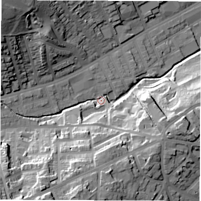 Shaded relief map of the ground around S118AD, computed from Environment Agency LiDAR. The ground here sits at about 89 m above sea level and falls 47 m across the surrounding 800 m. Surface water reaching this point runs off ground lying to the south-south-west, 39.8 m higher.