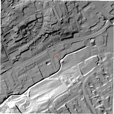 Shaded relief map of the ground around S118AH, computed from Environment Agency LiDAR. The ground here sits at about 78 m above sea level and falls 43 m across the surrounding 800 m. Surface water reaching this point runs off ground lying to the west-south-west, 8.3 m higher.