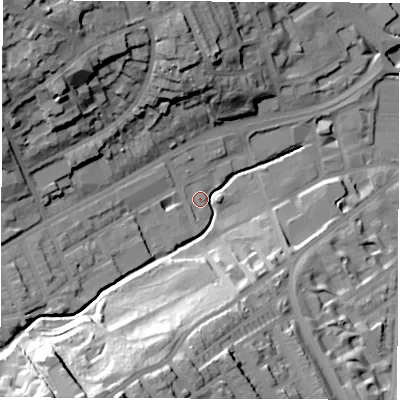 Shaded relief map of the ground around S118AW, computed from Environment Agency LiDAR. The ground here sits at about 78 m above sea level and falls 48 m across the surrounding 800 m. Surface water reaching this point runs off ground lying to the south-south-west, 44.1 m higher.