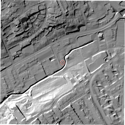 Shaded relief map of the ground around S118BF, computed from Environment Agency LiDAR. The ground here sits at about 78 m above sea level and falls 48 m across the surrounding 800 m. Surface water reaching this point runs off ground lying to the south-south-west, 43.7 m higher.