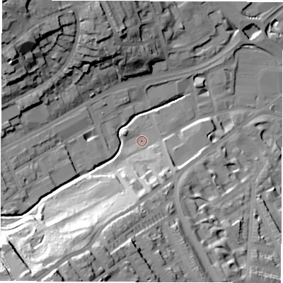 Shaded relief map of the ground around S118BS, computed from Environment Agency LiDAR. The ground here sits at about 78 m above sea level and falls 49 m across the surrounding 800 m. Surface water reaching this point runs off ground lying to the south, 17.0 m higher.