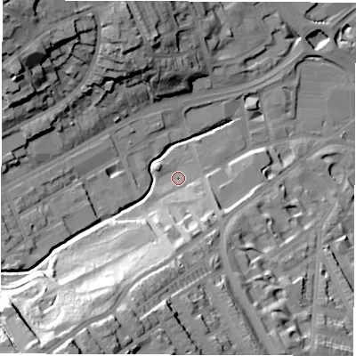 Shaded relief map of the ground around S118DA, computed from Environment Agency LiDAR. The ground here sits at about 78 m above sea level and falls 49 m across the surrounding 800 m. Surface water reaching this point runs off ground lying to the south, 17.0 m higher.
