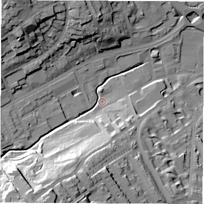 Shaded relief map of the ground around S118DL, computed from Environment Agency LiDAR. The ground here sits at about 78 m above sea level and falls 48 m across the surrounding 800 m. Surface water reaching this point runs off ground lying to the south-south-west, 43.2 m higher.