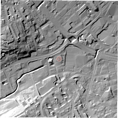 Shaded relief map of the ground around S118FG, computed from Environment Agency LiDAR. The ground here sits at about 75 m above sea level and falls 34 m across the surrounding 800 m. Surface water reaching this point runs off ground lying to the north-north-west, 0.7 m higher.