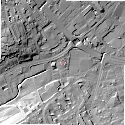 Shaded relief map of the ground around S118FH, computed from Environment Agency LiDAR. The ground here sits at about 75 m above sea level and falls 34 m across the surrounding 800 m. Surface water reaching this point runs off ground lying to the north-north-west, 0.6 m higher.