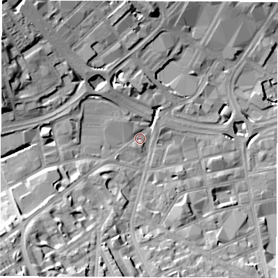 Shaded relief map of the ground around S118FJ, computed from Environment Agency LiDAR. The ground here sits at about 70 m above sea level and falls 36 m across the surrounding 800 m. Surface water reaching this point runs off ground lying to the south-west, 23.5 m higher.