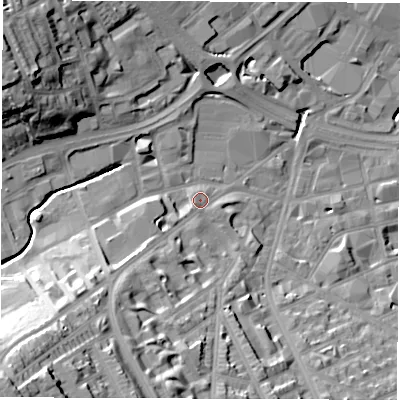 Shaded relief map of the ground around S118FP, computed from Environment Agency LiDAR. The ground here sits at about 74 m above sea level and falls 45 m across the surrounding 800 m. Surface water reaching this point runs off ground lying to the south-west, 9.4 m higher.