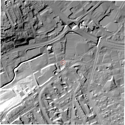 Shaded relief map of the ground around S118HA, computed from Environment Agency LiDAR. The ground here sits at about 74 m above sea level and falls 44 m across the surrounding 800 m. Surface water reaching this point runs off ground lying to the south-west, 36.1 m higher.