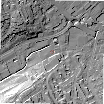 Shaded relief map of the ground around S118HD, computed from Environment Agency LiDAR. The ground here sits at about 76 m above sea level and falls 45 m across the surrounding 800 m. Surface water reaching this point runs off ground lying to the south-south-west, 33.9 m higher.