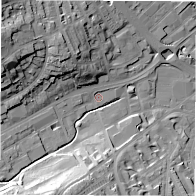 Shaded relief map of the ground around S118HF, computed from Environment Agency LiDAR. The ground here sits at about 76 m above sea level and falls 37 m across the surrounding 800 m. Surface water reaching this point runs off ground lying to the west-north-west, 29.4 m higher.
