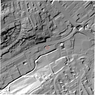 Shaded relief map of the ground around S118HG, computed from Environment Agency LiDAR. The ground here sits at about 76 m above sea level and falls 37 m across the surrounding 800 m. Surface water reaching this point runs off ground lying to the north-east, 1.5 m higher.