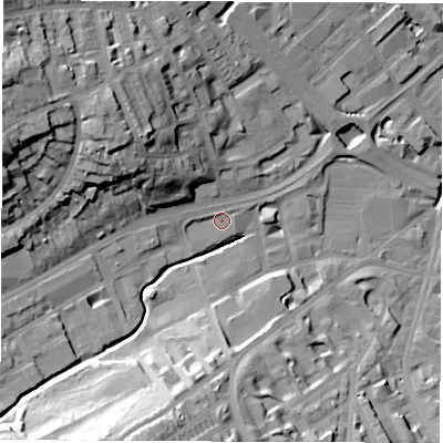 Shaded relief map of the ground around S118HL, computed from Environment Agency LiDAR. The ground here sits at about 76 m above sea level and falls 37 m across the surrounding 800 m. Surface water reaching this point runs off ground lying to the north-west, 1.5 m higher.