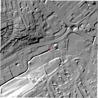 Shaded relief map of the ground around S118HP, computed from Environment Agency LiDAR. The ground here sits at about 76 m above sea level and falls 39 m across the surrounding 800 m. Surface water reaching this point runs off ground lying to the south-south-west, 33.3 m higher.