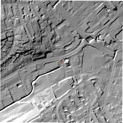 Shaded relief map of the ground around S118HR, computed from Environment Agency LiDAR. The ground here sits at about 76 m above sea level and falls 35 m across the surrounding 800 m. Surface water reaching this point runs off ground lying to the west, 2.0 m higher.