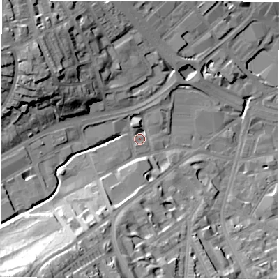 Shaded relief map of the ground around S118HS, computed from Environment Agency LiDAR. The ground here sits at about 74 m above sea level and falls 40 m across the surrounding 800 m. Surface water reaching this point runs off ground lying to the south-west, 34.9 m higher.