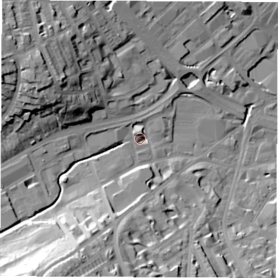 Shaded relief map of the ground around S118HW, computed from Environment Agency LiDAR. The ground here sits at about 75 m above sea level and falls 39 m across the surrounding 800 m. Surface water reaching this point runs off ground lying to the south-west, 33.3 m higher.